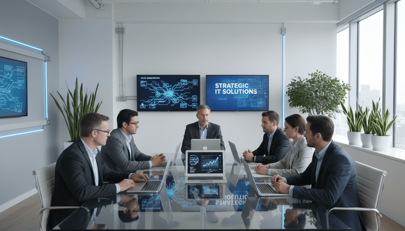 Professional business meeting in modern office with team discussing connectivity solutions and network infrastructure